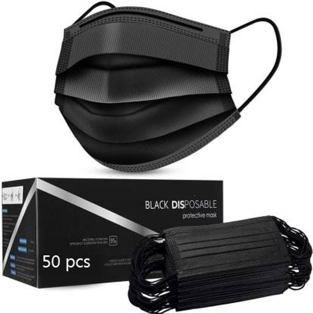Vaghani 50 Pcs Black Nose Pin Disposable Iso Mark 3 Ply Pharmaceutical Polluation Mask 3 Ply Surgical Mask 50 Piece ( Black )( 75 Gsm )( Primium ) Surgical Mask With Melt Blown Fabric Layer