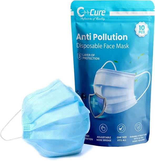 C-Cure 3 Ply Disposable Anti Pollution Face Mask Blue, Non Woven With Elastic Ear-Loop C3PAPFM-10 Non-Washable Surgical Mask