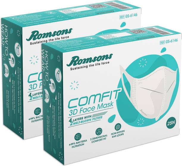 Romsons Comfit 3D Disposable Face Mask with 4 Layer Protection 50 Pcs Washable Surgical Mask With Melt Blown Fabric Layer