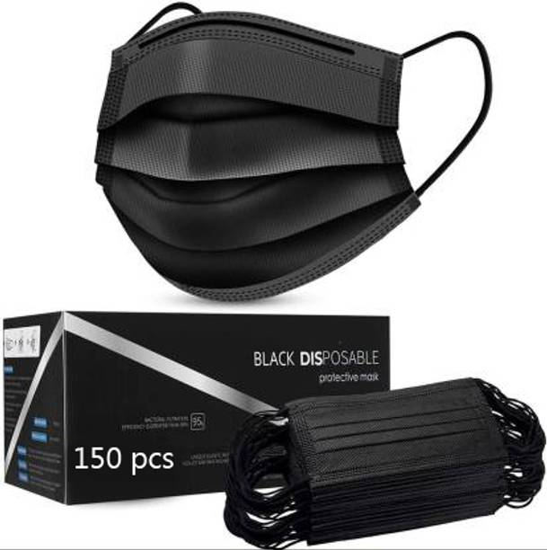 Vaghani 150 Pcs Black Nose Pin Disposable Iso Mark 3 Ply Pharmaceutical Polluation Mask 3 Ply Surgical Mask 150 Piece ( Black )( 75 Gsm )( Primium ) Surgical Mask With Melt Blown Fabric Layer