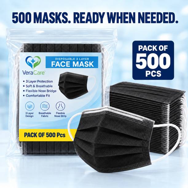 veracare 3 Layer Black Face Mask Bulk Pack – Comfortable Daily Wear Non-Washable, Non-Reusable Surgical Mask With Melt Blown Fabric Layer
