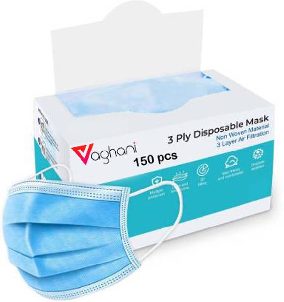 Vaghani 150 Pcs Blue Nose Pin Disposable Iso 3 Ply Pharmaceutical Polluation Mask 3 Ply Polluation Mask 150 Pcs ( Blue )( 75 Gsm )( Export ) Surgical Mask With Melt Blown Fabric Layer