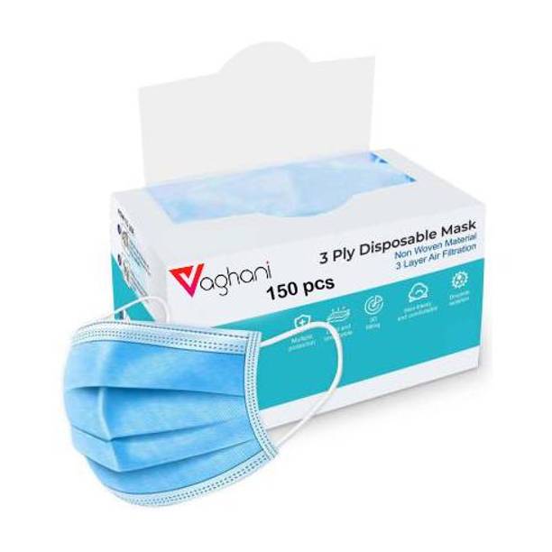 Vaghani 150 Pcs Blue Nose Pin Disposable Iso 3 Ply Pharmaceutical Polluation Mask 3 Ply Polluation Mask 150 Pcs ( Blue )( 75 Gsm )( Export ) Surgical Mask With Melt Blown Fabric Layer