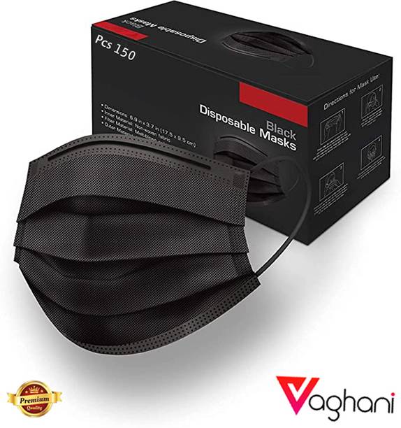 Vaghani 150 PcsBlack Nose Pin Meltblown Iso Mark Pharmaceutical Primium Quality Mask 3 Ply Polluation Melt Blown Mask 150 Pcs ( Black )( 75 Gsm ) Surgical Mask With Melt Blown Fabric Layer
