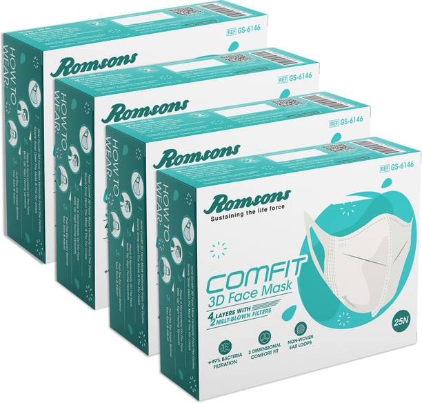 Romsons Comfit 3D Disposable Face Mask with 4 Layer Protection 100 Pcs Washable Surgical Mask With Melt Blown Fabric Layer
