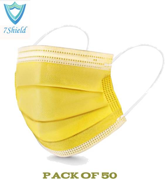 7SHIELD CE and ISO Certified Face Mask with Nose clip and soft ear loops 3PLY Surgical Mask Yellow 3 ply disposable filter protection breathable dust proof Water Resistant Surgical Mask Mfg By :-AP Health Care Yellow surgical mask Water Resistant Surgical Mask