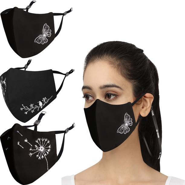 MASQ Anti-Pollution, Anti-Bacterial (BFE>99%) 4 Layer Embroidered, Designer, Fashionable & Protective 100% Cotton Cloth Face Mask Combo for Women with Lanyard & Size Adjustable Ear Loops Nature-In-Black_Combo_Large_03 Reusable, Washable Cloth Mask