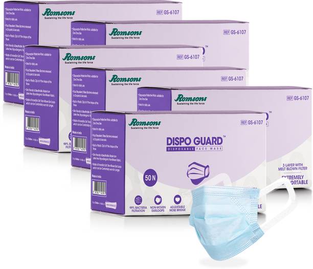 Romsons Dispo Guard 3 Ply Mask Dispo Guard 3 Ply Mask With Softest Ear Loops, 50 Pcs/Pack, (Pack Of 6) 300 Pcs Surgical Mask