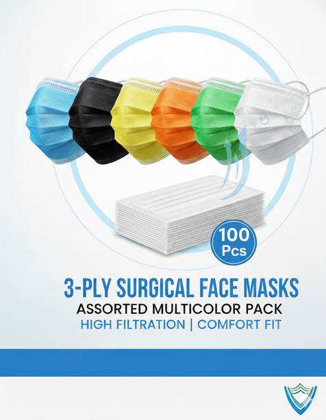 7SHIELD multi colour mask Pack of 100 Multi colour Mask Non-Reusable Surgical Mask With Melt Blown Fabric Layer