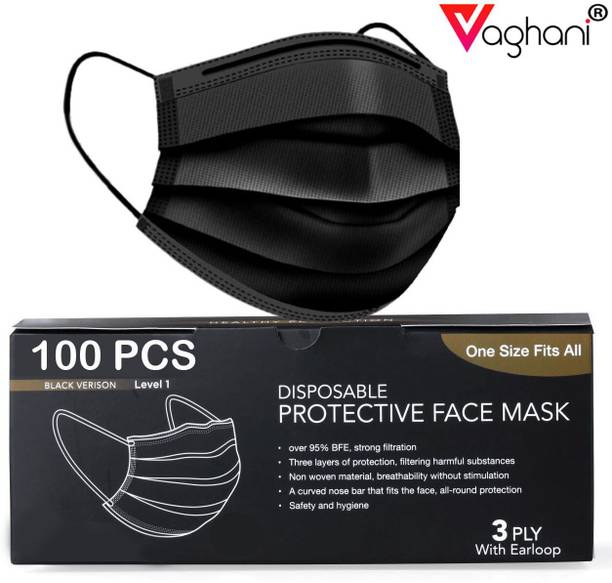 Vaghani 100 Black Mask With Pin Iso Mark 3 Ply Pharmaceutical Surgical Pollution 3 Ply ( With Nose Pin ) Surgical Mask With Melt Blown Fabric Layer