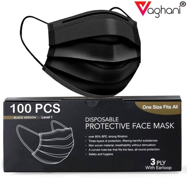 Vaghani 100 Black Mask With Pin Iso Mark 3 Ply Pharmaceutical Surgical Pollution 3 Ply ( With Nose Pin ) Surgical Mask With Melt Blown Fabric Layer