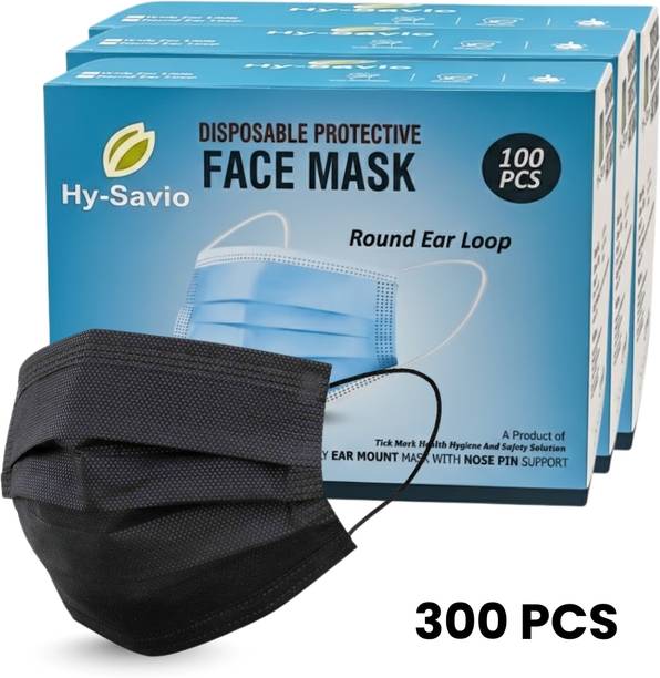 hysavio 3 Ply Black Disposable Face Mask 300 Pcs | Surgical Mask with Nose Clip & Ear Loop Water Resistant, Non-Reusable Surgical Mask With Melt Blown Fabric Layer
