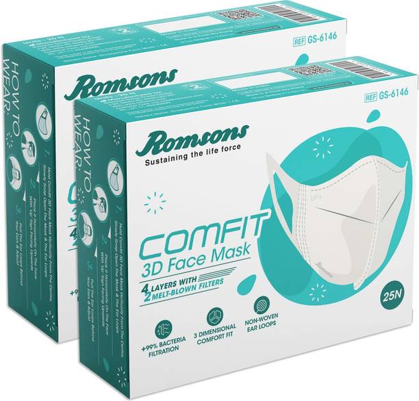 Romsons Comfit 3D Disposable Face Mask with 4 Layer Protection 50 Pcs Surgical Mask With Melt Blown Fabric Layer