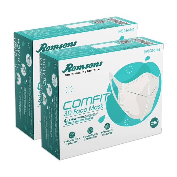 Romsons Comfit 3D Disposable Face Mask with 4 Layer Protection 50 Pcs Surgical Mask With Melt Blown Fabric Layer