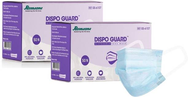 Romsons Dispo Guard 3 Ply Mask Dispo Guard 3 Ply Disposable Mask With Softest Non-Woven Fabric Ear Loops, 50Pcs/Pack (Pack of 2), 100 Pcs for Unisex - Without Valve, White Dispo Guard 3 Ply Mask With Softest Ear Loops Surgical Mask With Melt Blown Fabric Layer Surgical Mask With Melt Blown Fabric Layer