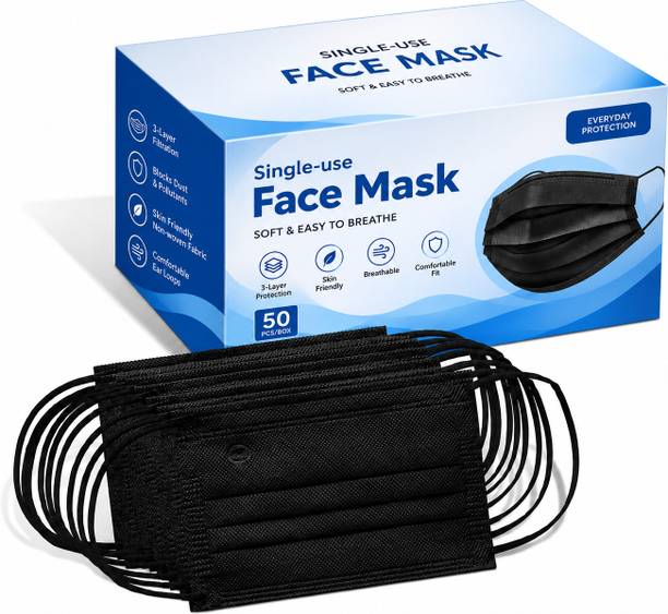 DM Eco Black Triple Layer Disposable Face Mask 50 Pcs Black 3 Ply Face Mask | 50 Pcs Disposable Surgical Ear Loop Masks Non-Reusable Surgical Mask With Melt Blown Fabric Layer