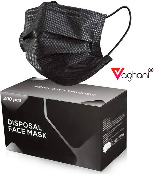 Vaghani 200Pcs Black Polluation Mask Meltblown Mask With Nose Pin 3 Ply Polluation Mask 200 Pcs ( Black )( 75 Gsm )( Best Quality ) Surgical Mask With Melt Blown Fabric Layer