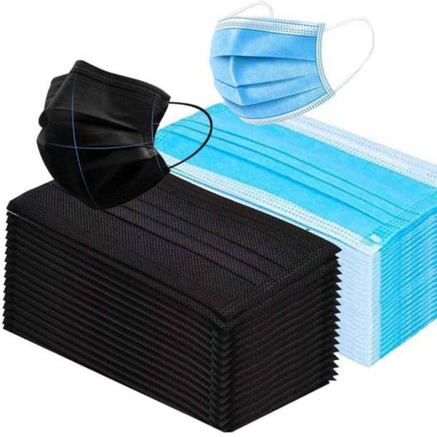 KGKR Blue + Black -100 Pcs Reusable, Water Resistant Surgical Mask With Melt Blown Fabric Layer