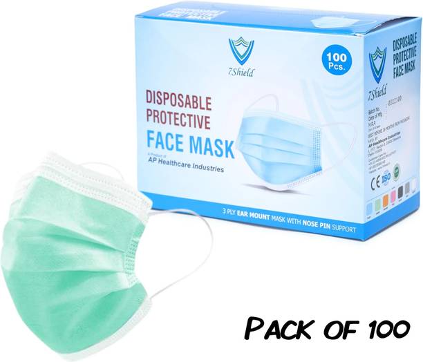 7SHIELD 3 ply green surgical mask Mfg By:-AP health care CE a nd ISO Certified Face Mask with Nose clip and soft ear loops 3PLY Water Resistant Surgical Mask green 3 ply disposable filter protection breathable dust proof Water Resistant Surgical Mas Water Resistant Surgical Mask