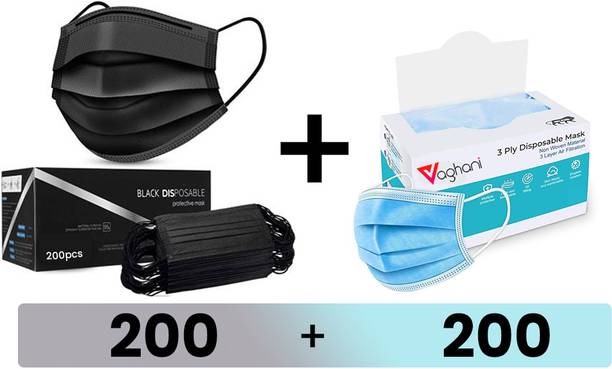 Vaghani 400Pcs With Pin Black and Blue 3 Ply Pharmaceutical Surgical Mask with 3 Layer 3 Ply Surgical Primium Quality Mask (400 Pcs ( Black +Blue)) Surgical Mask With Melt Blown Fabric Layer