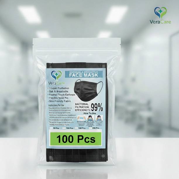 veracare Black 3 Ply Safety Mask – Dust, Droplet & Pollution Protection Surgical Mask With Melt Blown Fabric Layer