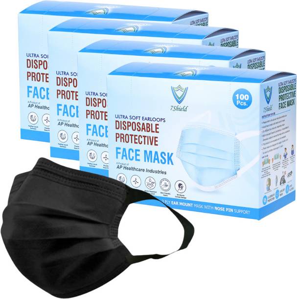 7SHIELD Non-Woven Fabric disposable Surgical 3Ply Unisex mask With Soft fabric ear loop for extra comfort Black soft loop Water Resistant Surgical Mask