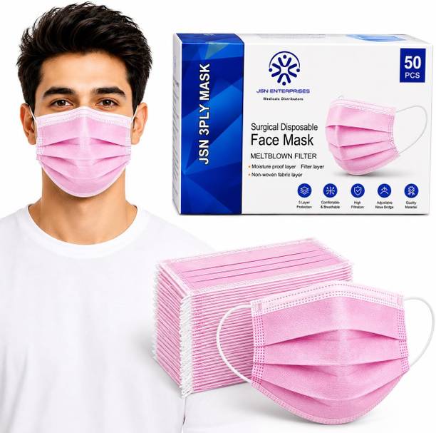 JSN ENTERPRISES 3 Layer Face Mask with Melt Blown Filter Universal Size Disposable Non Woven Polypropylene Protective Mask for Safety Hygiene Travel and Daily Use, Pink Water Resistant Surgical Mask With Melt Blown Fabric Layer