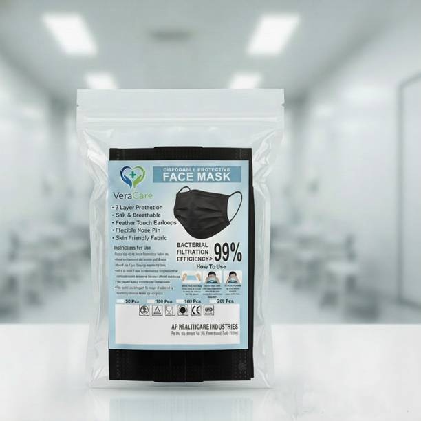 veracare Disposable 3 Ply Face Mask Black with Elastic Ear Loops – Daily Protection Surgical Mask With Melt Blown Fabric Layer