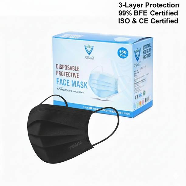 7SHIELD Black Surgical Mask With Nose Pin Disposable ISO Mark Breathable Surgical Mask Pollution Face Mask 3 Layer For Men, Women, Kids(150 Piece) (Premium Black Mask) Water Resistant Surgical Mask With Melt Blown Fabric Layer