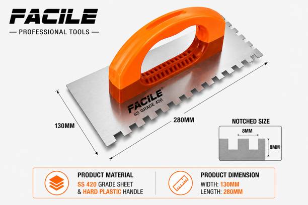 FACILE 8mm Stainless Steel Tile Adhesive Notched Trowel Pack of 2-MM1043P82 Stainless Steel Trowel