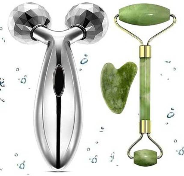 R FASHION Combo Of 3D Manual Roller for Face Body Massage with Anti Aging 100% Natural Stone Jade Roller, Gua Sha Facial Tools Massager