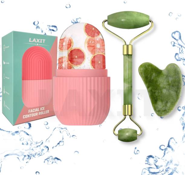 LAXIT for Face with 100% Natural Gua Sha Jade Stone Facial Combo For Skin Eye Body Ice Cube Roller Women Men Reusable Beauty Tools Massager