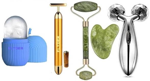 FLYDER 1-Psc.Face Ice Roller,1-Psc.3D Massager,1-Psc.Jade Roller,1 Pic.T-Mass. Face ice roller,Jade Roller 100% Natural Stone,3D Massager with T-Massage Massager