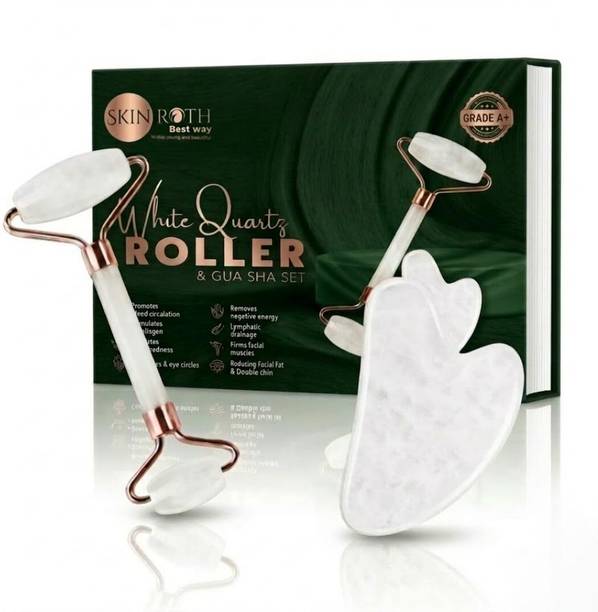 SKINROTH Jawline Anti-Aging, Drainage Massage, Wrinkles, Facial Guasha Grade A+ Clear White Rose Quartz Roller & Gua Sha For Face Massager Massager