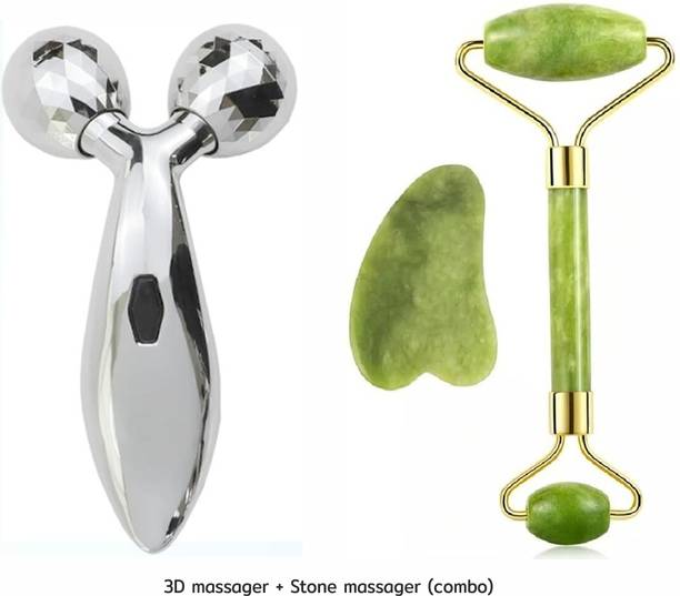 dazzleartenterprise 3D Manual Roller for Face 100% Natural Jade Stone Roller Massager With Gua Sha Tools for Face and Body Massager