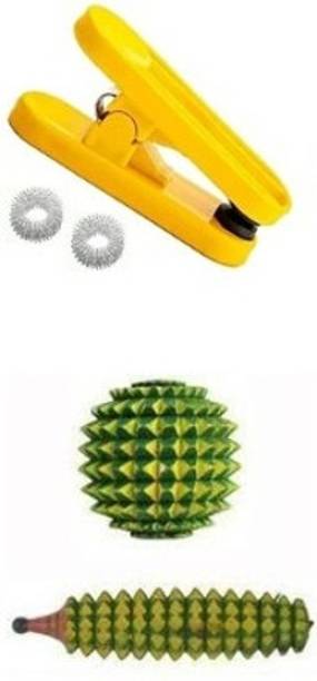 EKiN Acupressure Yellow Clip 2 Sujok Ring With Wooden Karela And Wooden Ball For Pain Relief And Stress Relief Massager