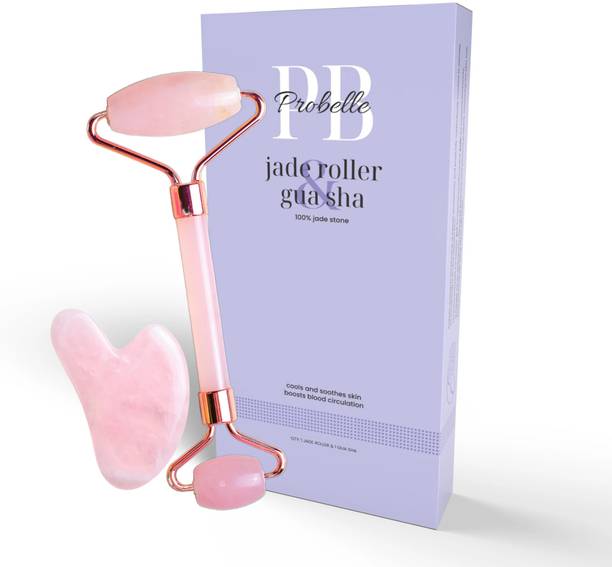 प्रोबेल Premium Rose Quartz Roller with Gua Sha - 100% Natural Imported Stone | Facial Massager for Skin Firming, Puffiness Reduction and Skincare Absorption मसाज़र
