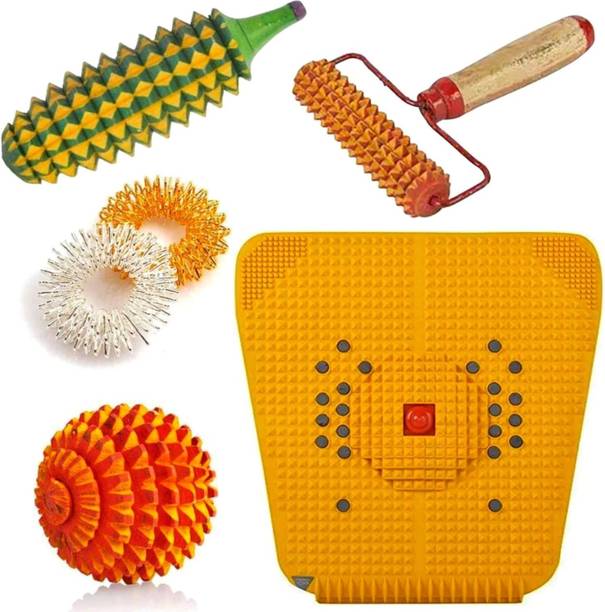 KIYANSH ENTERPRISE Massager Tools Combo Kit With Power Mat, Wooden Handle Roller, Karela, Ball 2 Massage Rings for Stress and Pain Relief Accupressure Tool Massager