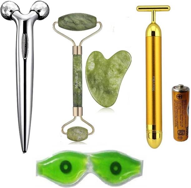 MORVIKA T- Golden Electric Vibration Facial Massage, With 3D Roller & Jade GauSha Stone 100 % Natural Stone Roller Face Massager, Facial And Body Massager (Multicolor) Massager