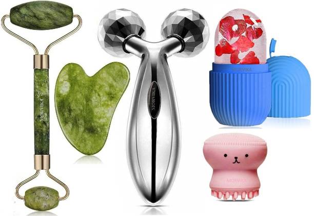 MORVIKA Anti Aging 100% Natural Stone Jade Roller With Gau Sha Stone, ice Roller, 3D Massager Roller And Octopus Brush Massager