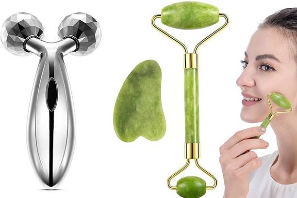 Harsh narrow fab 3D Y Shape Aluminium Microcurrent Face Platinum Roller,Jade Roller Gua Sha Tool 100% Natural Himalayan Stone for Face Neck Healing Ma Face Massager