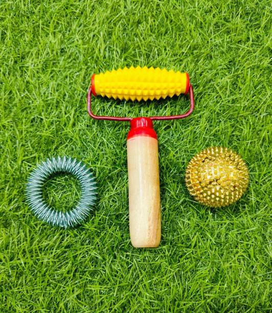 AHCS Acupressure Karela Roller with Handle and Hand Ring Magnetic Ball Kit (Set of 3) Massager