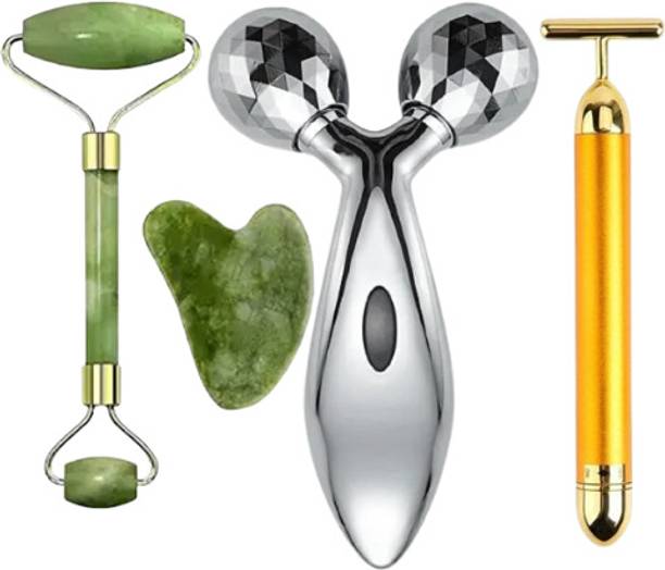 Flipkart SmartBuy 3D Manual Roller Massager With Gold Energy Beauty Bar Electric Vibration Massage With Jade Roller Face Massager With Gua Sha,Improves Skin Elasticity, Wrinkles Massager