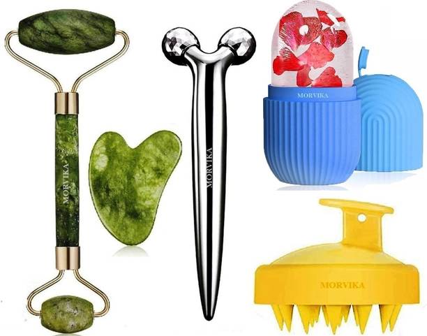 MORVIKA 100% Natural Jade Roller With Gau sha Stone, 3D Roller Massager, Head Scalp Shamppoo Massager Brush, Ice Roller, Face Massager Massager