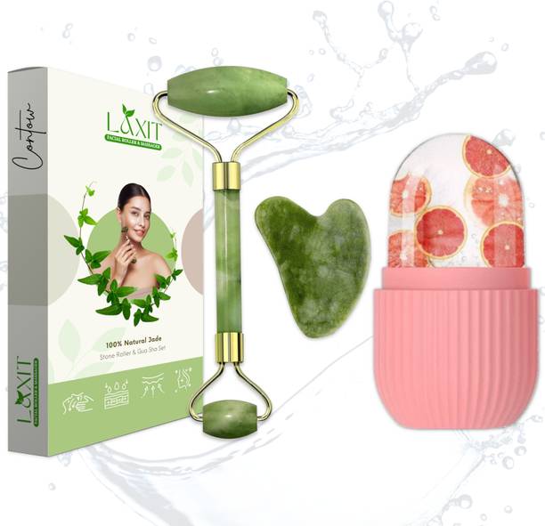 LAXIT Premium Face Stone Jade Roller Massager with Gua Sha Stone And Ice Roller Set For Women Men Facial Massage Combo 100% Natural Stone Skin Eye Neck Body Beauty Massager