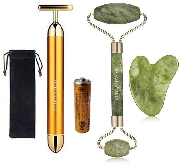 RUDRESHWAR Gold Energy Beauty Bar Electric Vibration Facial Massage Roller, T-Shaped Anti Wrinkle Massager, With Stone Jade Roller and Gau Sha Stone Face And Body Massager T-Shape Golden Face Massager Roller, Stone Jade Roller And Gau sha Stone Facial And Body Massager, Face Massager Massager