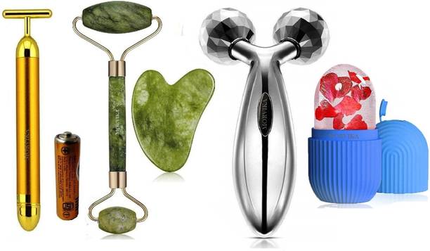 MORVIKA 100% Natural Jade Roller With Gau Sha Stone,T-Shaped 24K Golden Beauty Bar Anti Wrinkle Massager, 3D Roller Massager,Ice roller For Face Massager