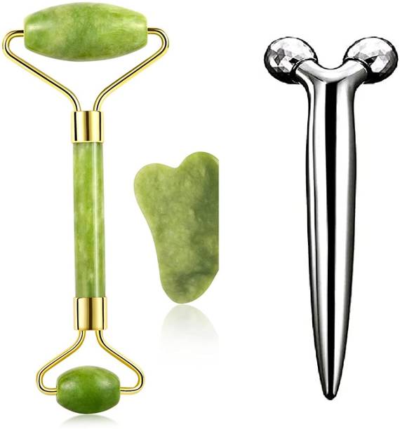 Harsh narrow fab Jade Roller Face Massager With Gua Sha,Improves Skin Elasticity, Natural AND Face Lifting Wrinkle Remover Skin Tightening 3D Rolle Body Relaxation(2 Pack) Massager