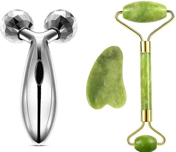 The Moon Impex 3D Y Shape Aluminium Microcurrent Face Platinum Roller,Jade Roller Gua Sha Tool 100% Natural Himalayan Stone for Face Neck Healing Ma Face Massager