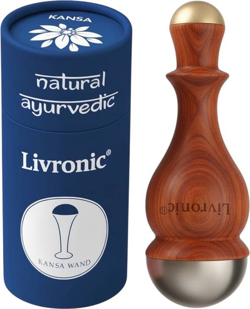 Livronic Face Acupoints Kansa Wand Massager 2in1 Authentic Bronze Cap,Ayurvedic Tool for Face Glow, Foot & Body with Teak wood handle Marma Massage Therapy Tool Massager